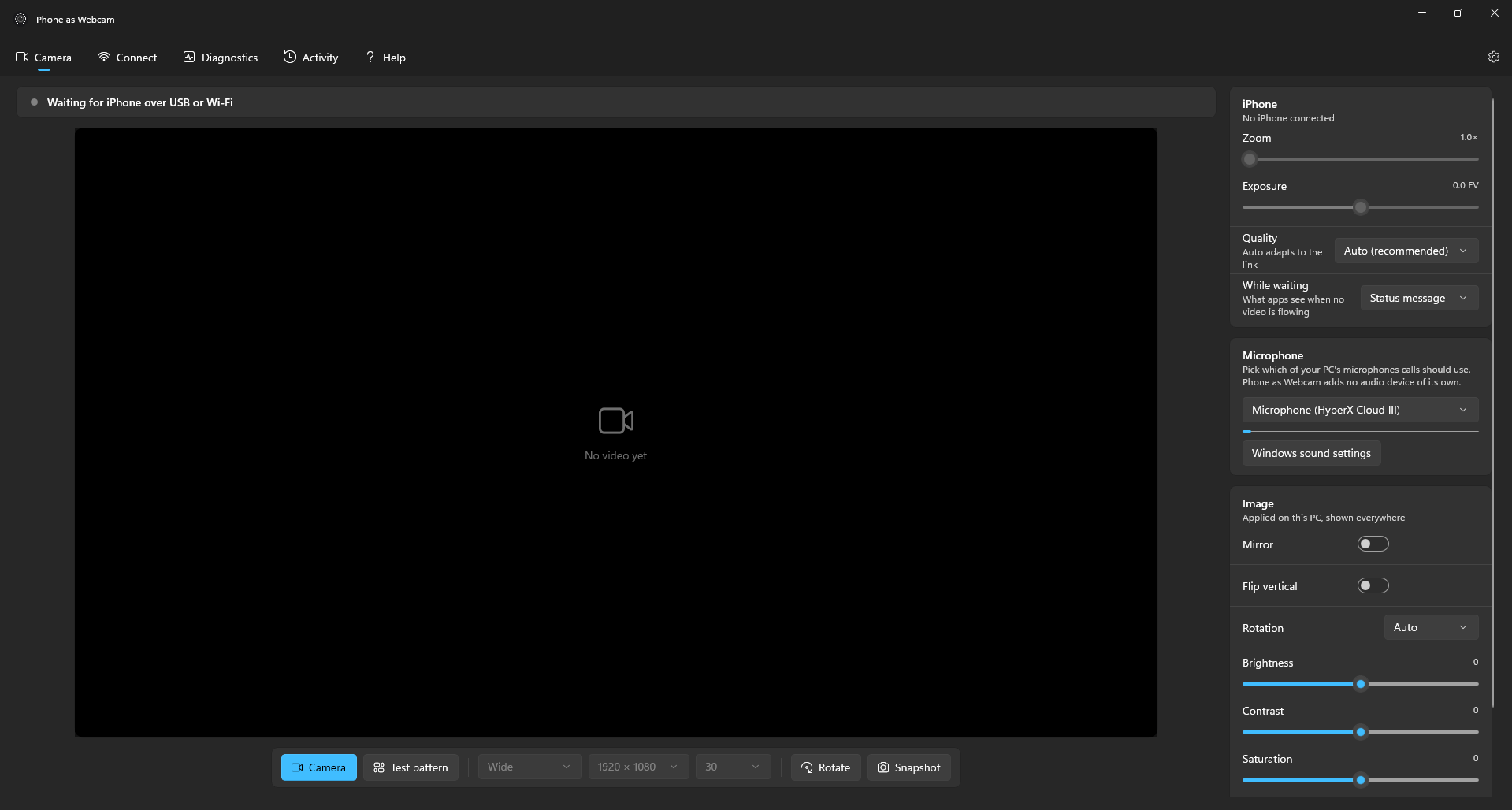 The Windows app showing a live iPhone camera preview